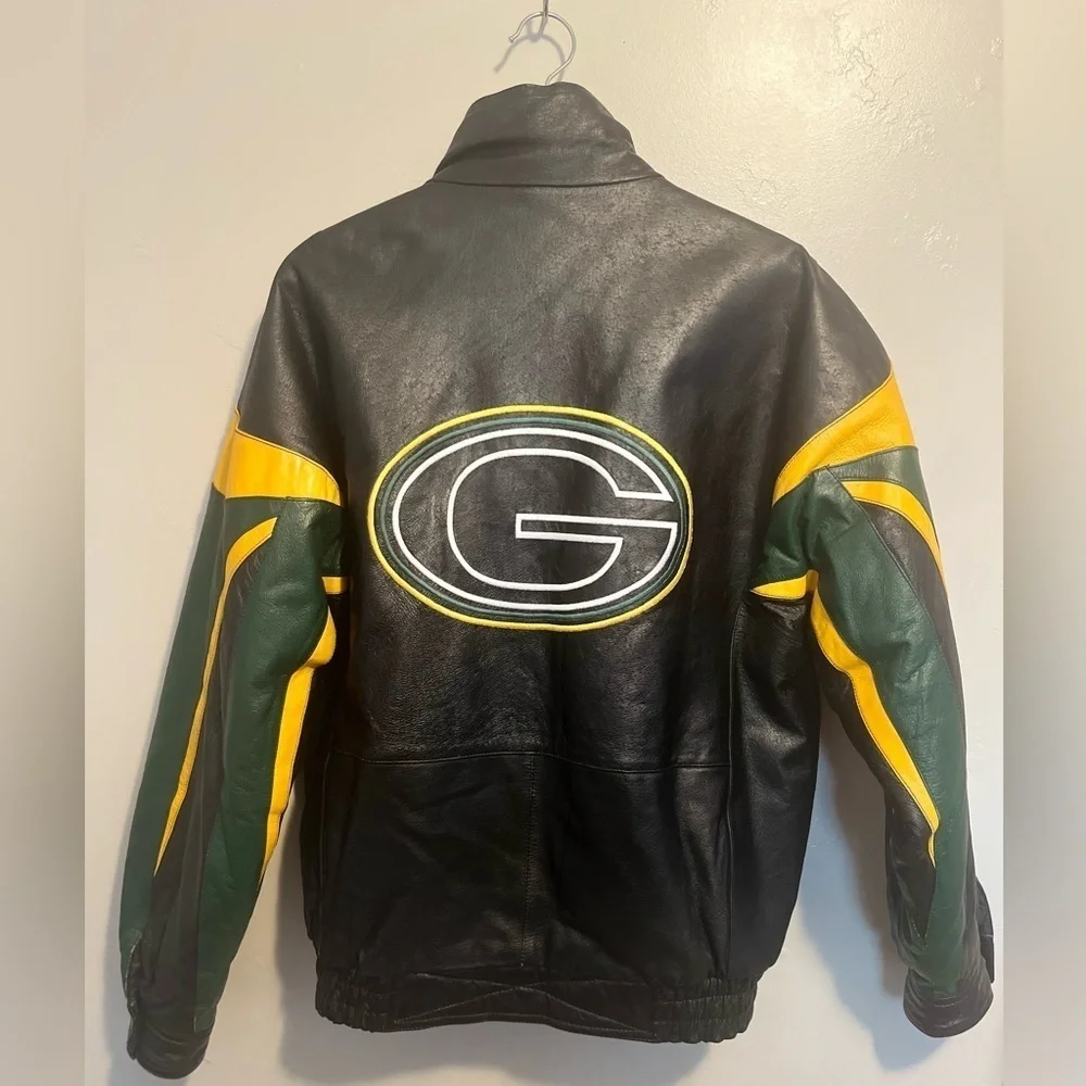 Vintage 90s Green Bay Packers Pro Player Leather Black Jacket Size Medium Rare